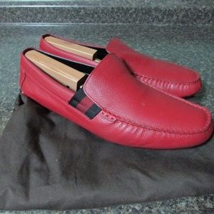 Gucci Mens Size 12 Red Leather Loafers With Bag
